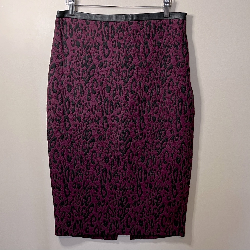 NWT Express Purple and Black Leopard Pencil Midi Skirt Vegan Leather Trim
